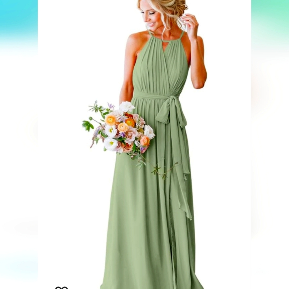 Halter Pleated Chiffon Long formal Dress Sz 6 sage green